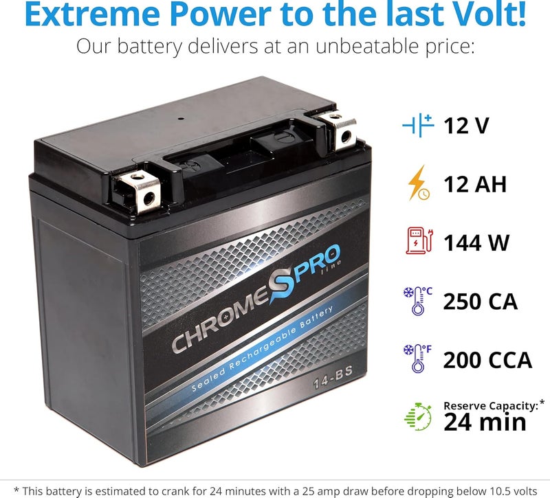 Chrome S Pro 14-BS Maintenance-Free, 200CCA, 12V 15Ah Battery Replacement for ATV, Motorcycle, Jet Skis, Scooter, UTV, and More - Nut and Bolt (T3) Terminal - Image 3